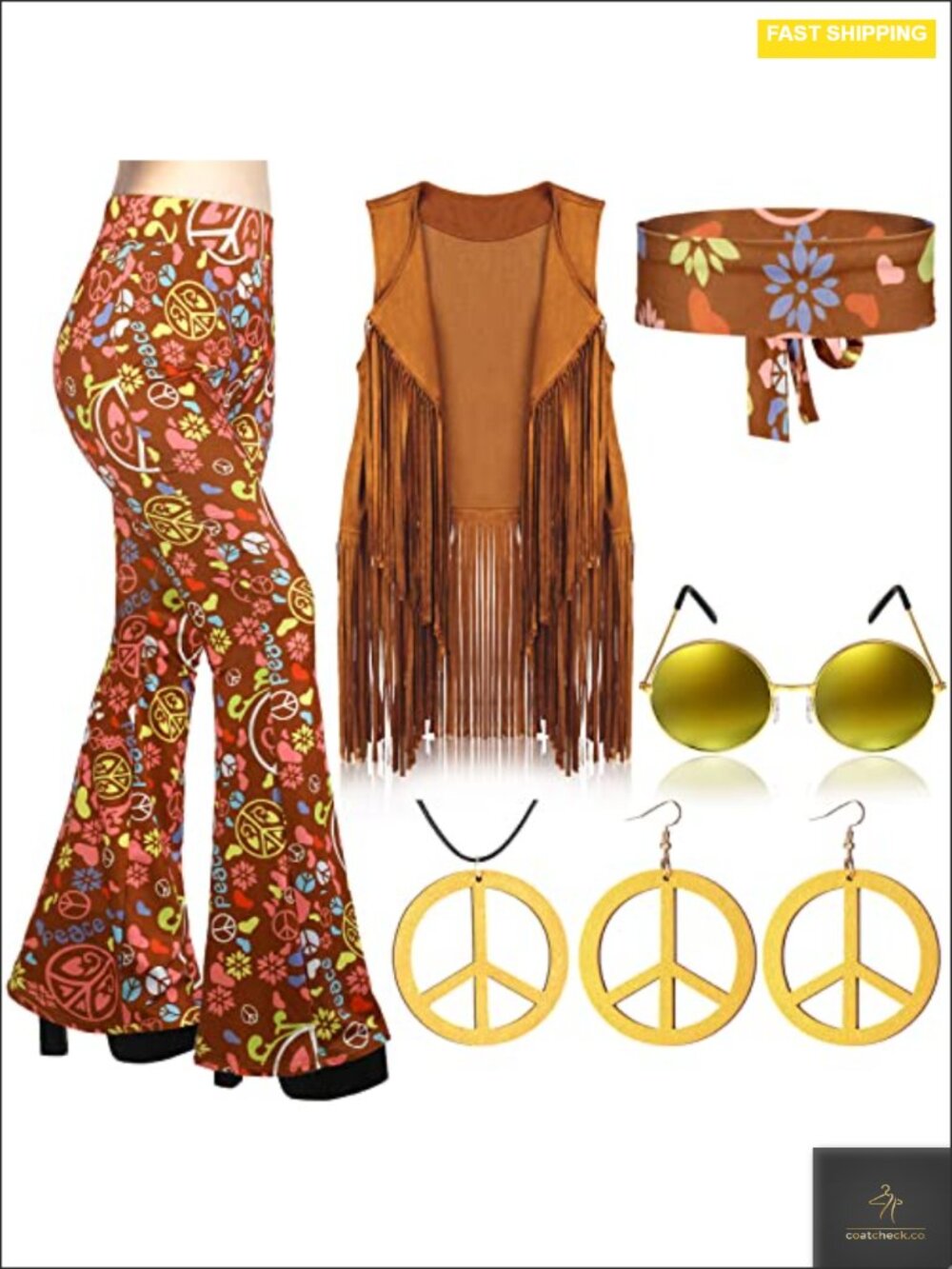 7 Pc 70s Hippie Costume Set Flared Pants Fringe Vest Boho Halloween Adult Large